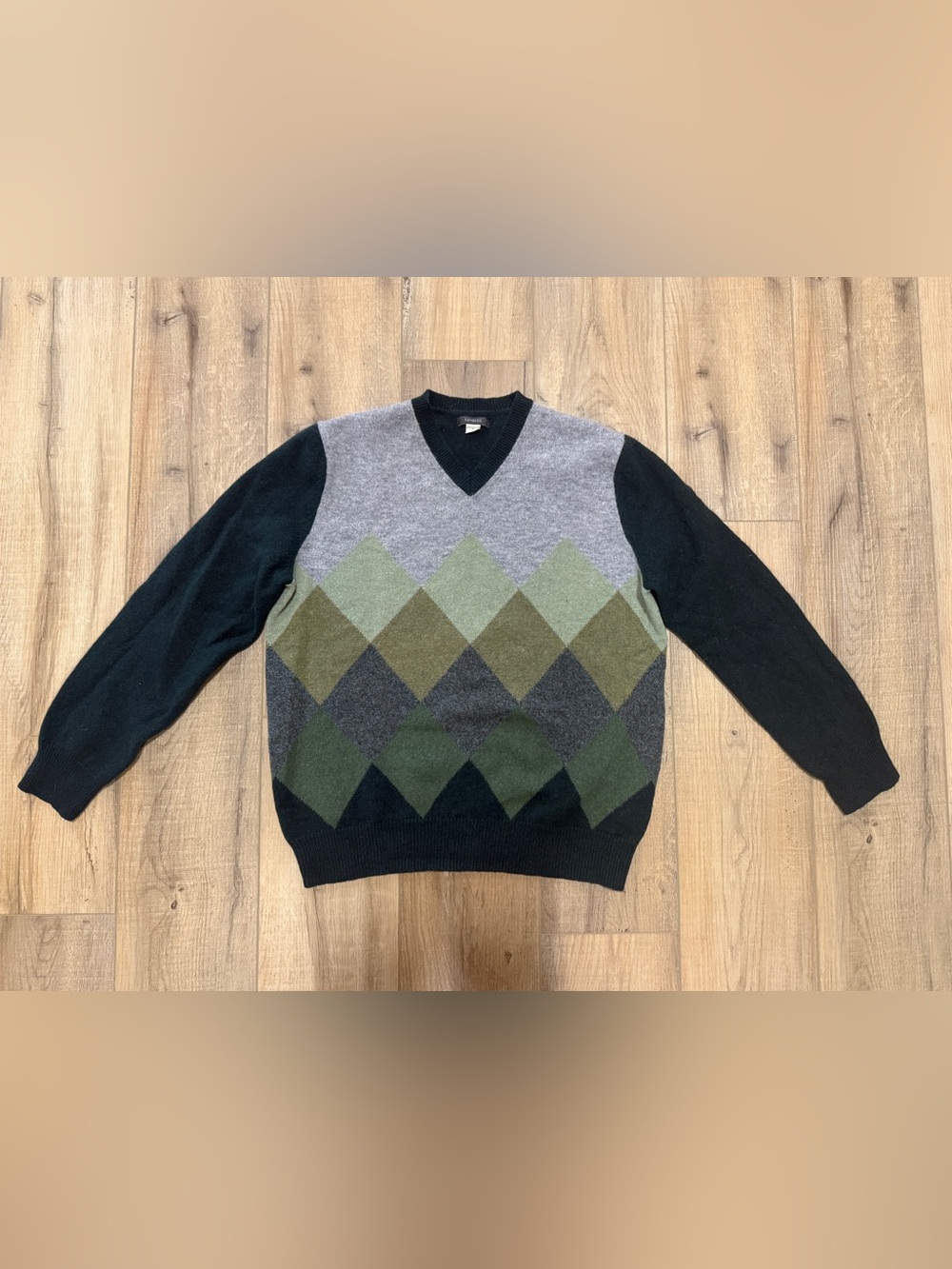 Vintage Express Lambswool Argyle Sweater L Forest Green Gray V-Neck S M Luxury